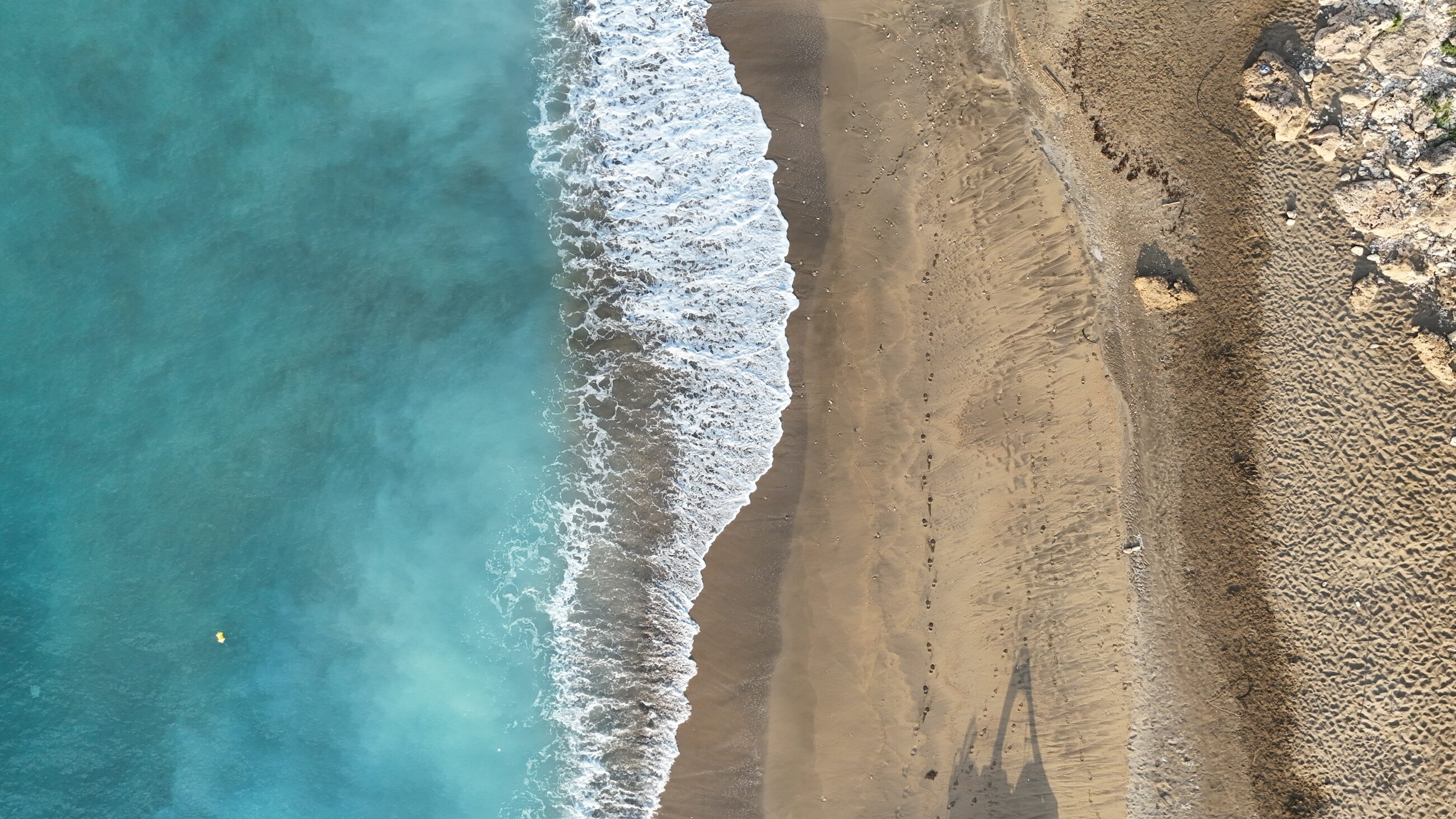 Top-down aerial of a white wave breaking between turquoise water and golden sand